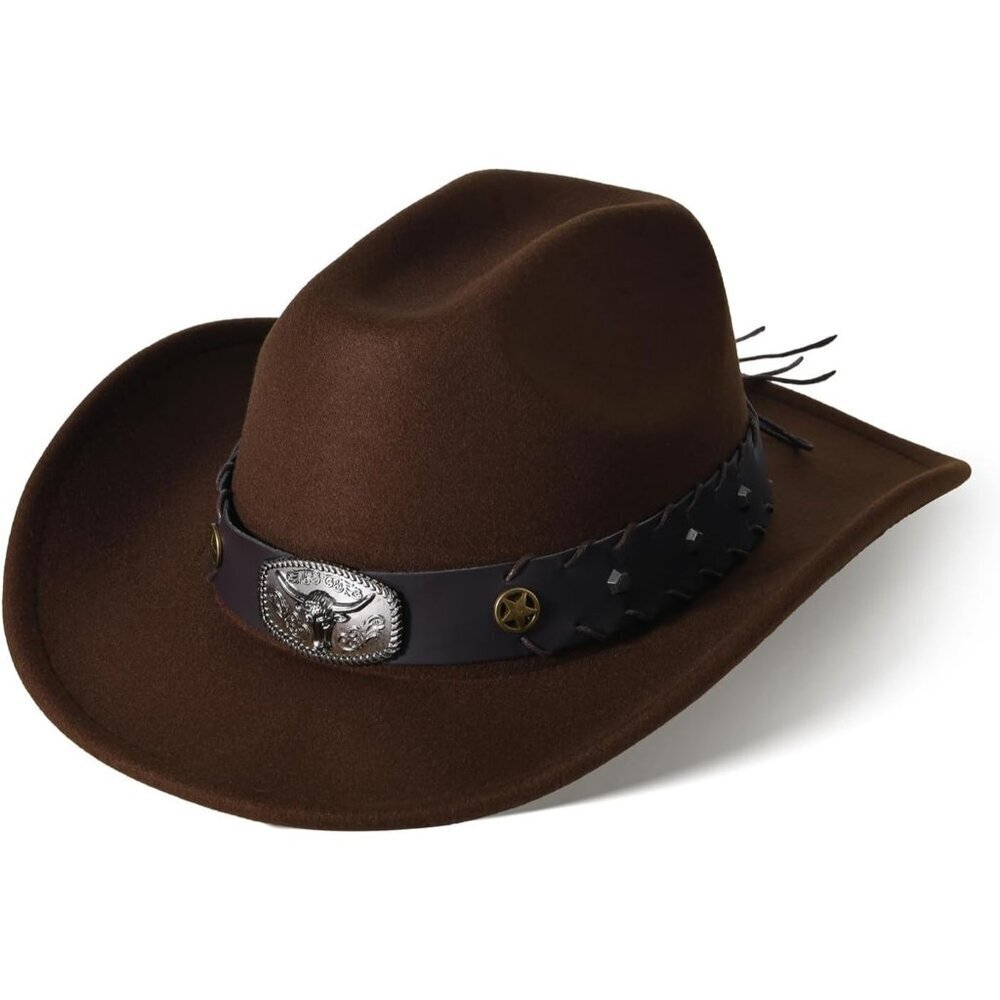 Unisex Coffee Western with Bull Skull Buckle Band Classic Fedora Cowboy Felt Hat